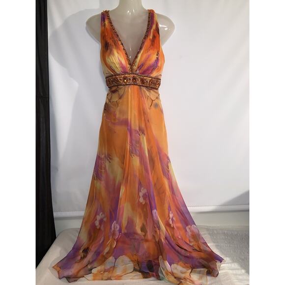 Y2K Beaded Sequins Floral Dress Mermaid Multicolor 100% Silk Size XS Wedding - Picture 1 of 11